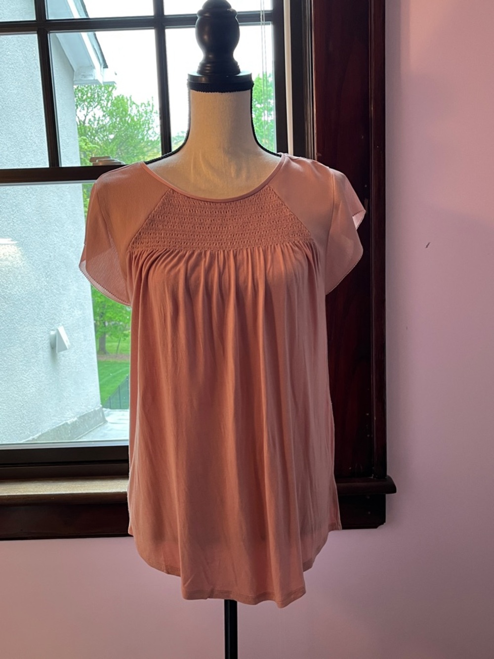 LOFT Rose Pink Smocked Yoke Flutter Sleeve Blouse